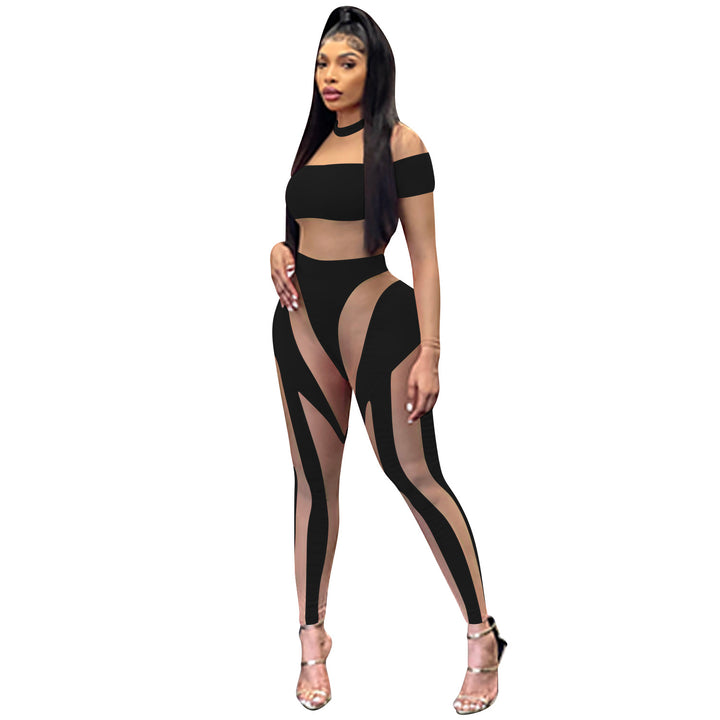Dame Off-Shoulder Crop-Top og Leggings Sæt med transparente indsatser Stilla