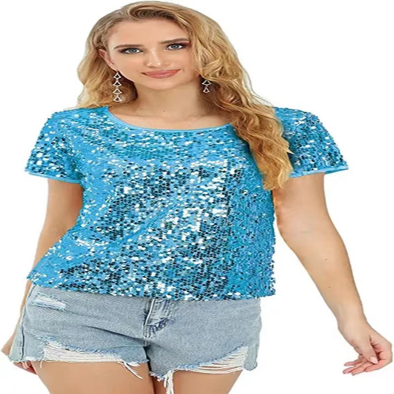 Kvinder Glitrende Paillet T-Shirt med Casual Snit og Behageligt Bomuldsmateriale Skovae