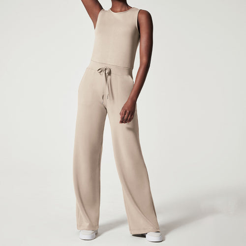 Dame nan ærmeløs strik-overall med bred palazzo-ben, snorebund og påsatte lommer Skovae