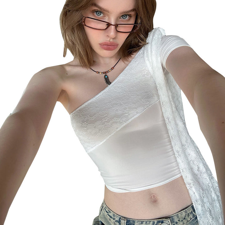 Dame Elegant og raffineret Spidsen One-Shoulder Bluse Skovae