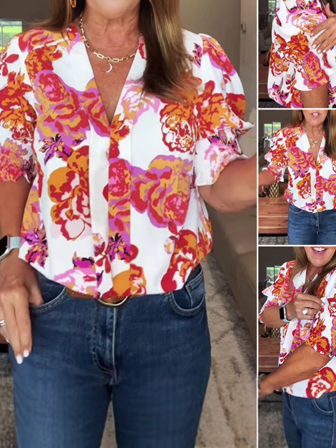 Dame kortærmet bluse med blomster rynker Stilla