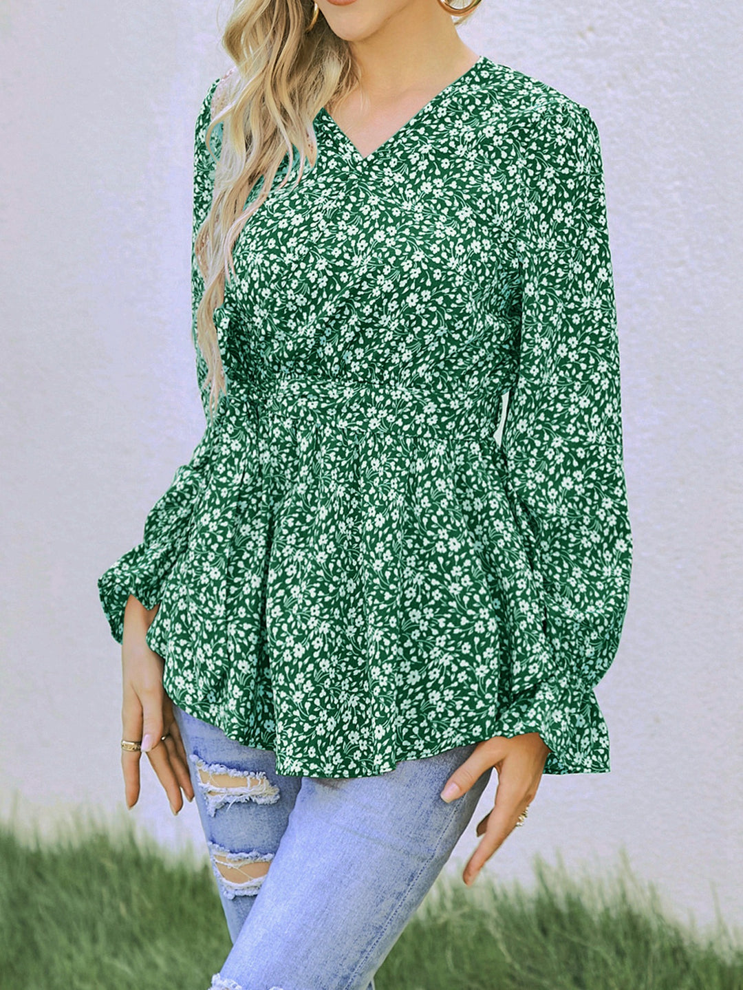 Dame blomster mønster peplum bluse Stilla