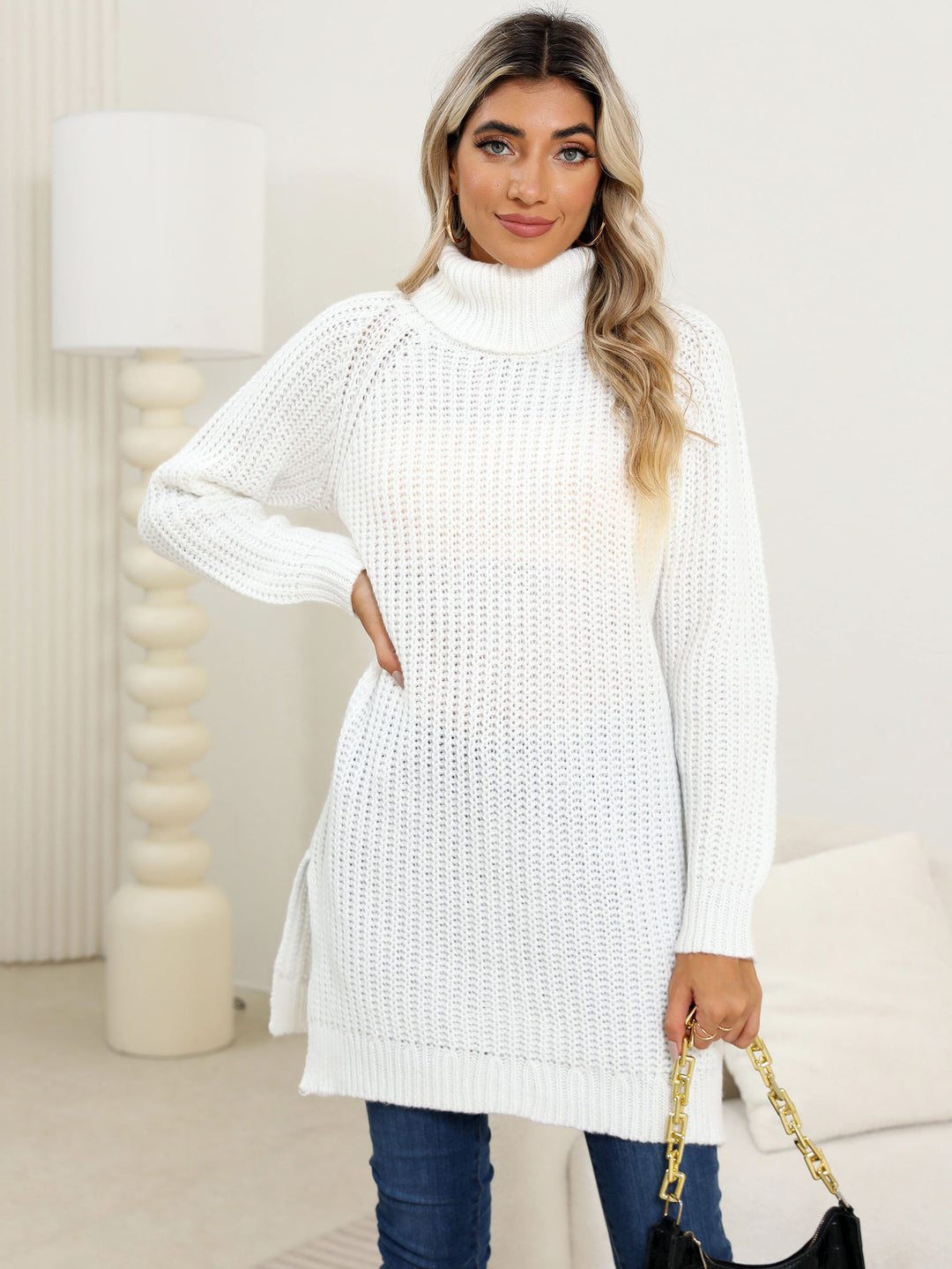 Dame finstrik pullover med høj krave og sidespalter Stilla