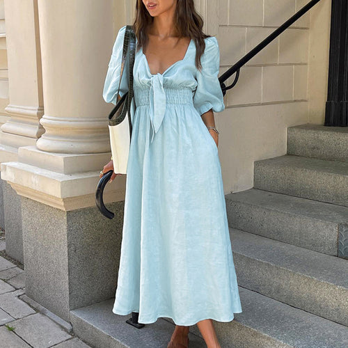 Dame Maxi-kjole med puffærmer og elegant snøring Stilla