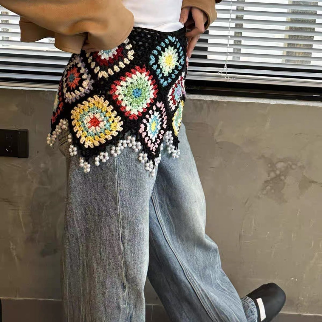 Dame hækle nederdel i livligt granny-square design med perlekant Stilla