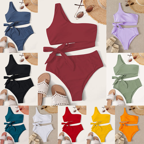 Dame En-sidet bikini med høj talje og elegante bindebånd Skovae