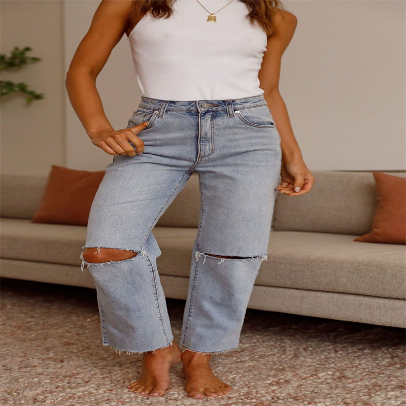 Dame Ripped Jeans i afslappet High-Waist-snits med frynset kanter Stilla
