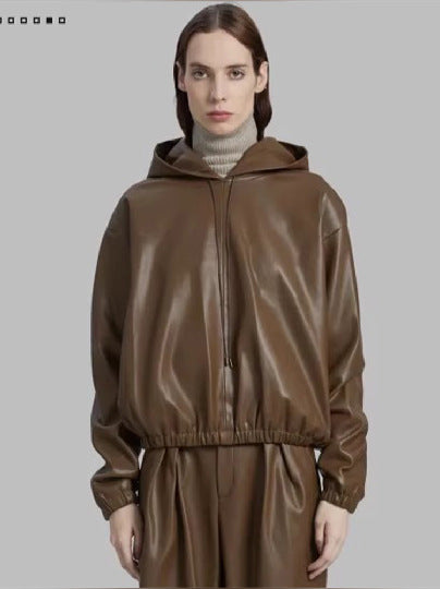 Dame høj kvalitet Oversized Jakke i bæredygtigt kunstlæder med hætte og elastisk bund Stilla