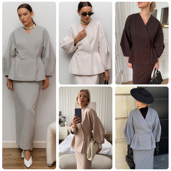 Dame elegante blyantskjoler med chic blazer top og puff ærmer Skovae