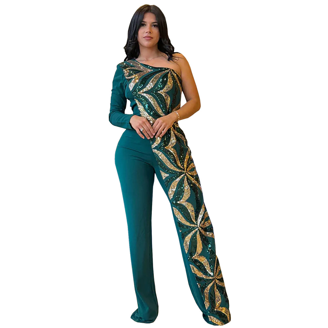 Dame Elegant Jumpsuit med asymmetrisk snit og glitrende applikationer Stilla