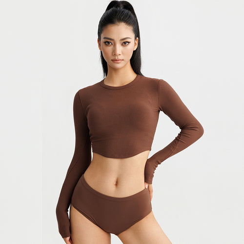 Damer mode Langærmet Crop-Top i elastisk ribmateriale med rund halsudskæring Stilla