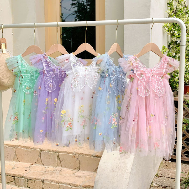 Pige Sommerfugl-tema Tylkjole med blomstret broderi Stilla