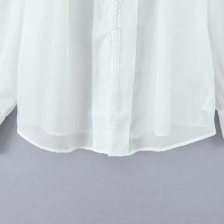 Dame elegant chiffonbluse med raffinerede puffærmer og ædel krave Skovae