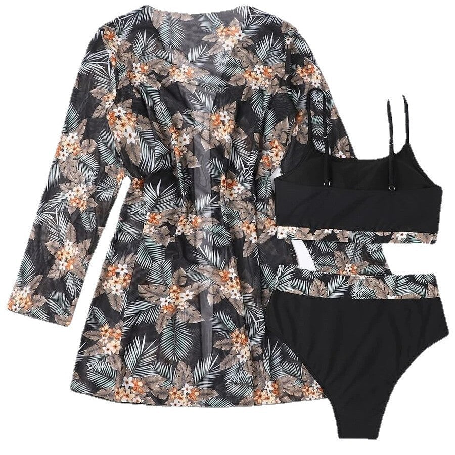 Dame bikini-sæt med højskåret trusse og floral kimono Skovae