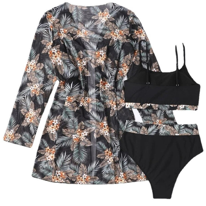 Dame bikini-sæt med højskåret trusse og floral kimono Skovae