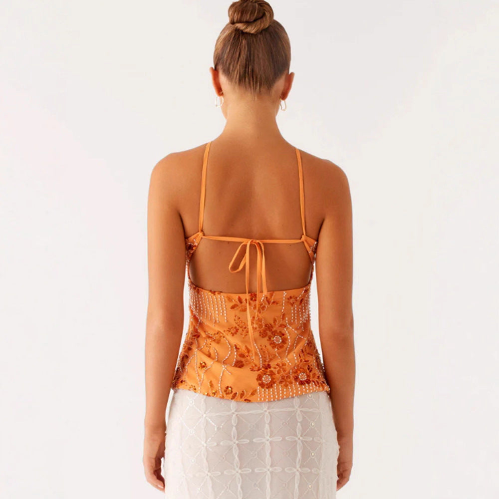 Kvinder Glitrende Bustier Top med Blomsterdesign og Funklende Applikationer
