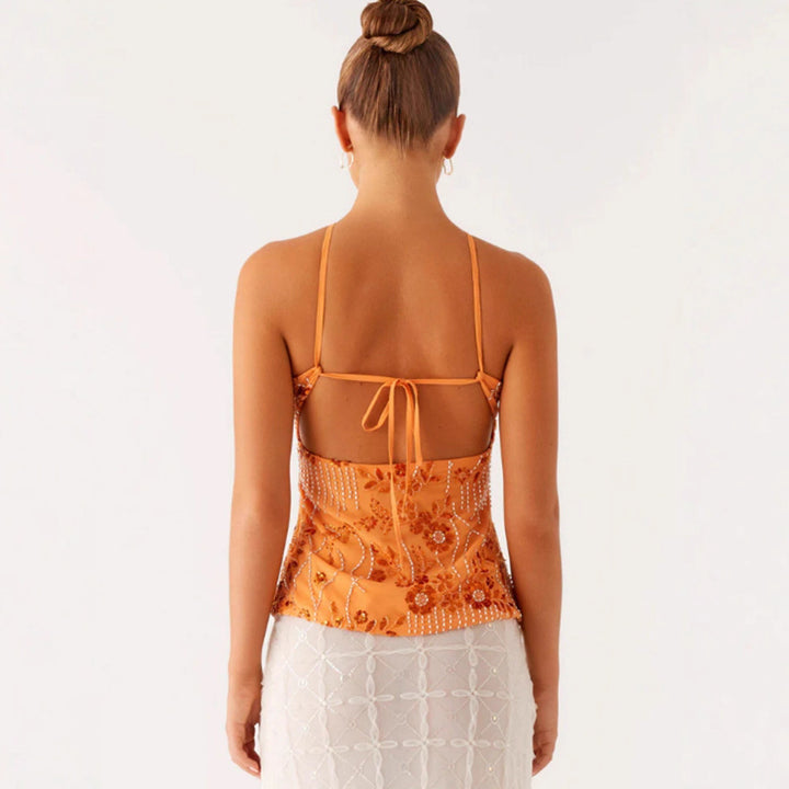 Kvinder Glitrende Bustier Top med Blomsterdesign og Funklende Applikationer