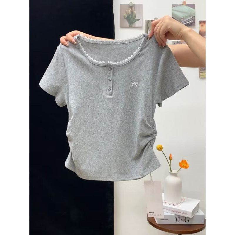 Dame Casual Kortærmet Henley Top med dekorativt Spidsbesætning Stilla
