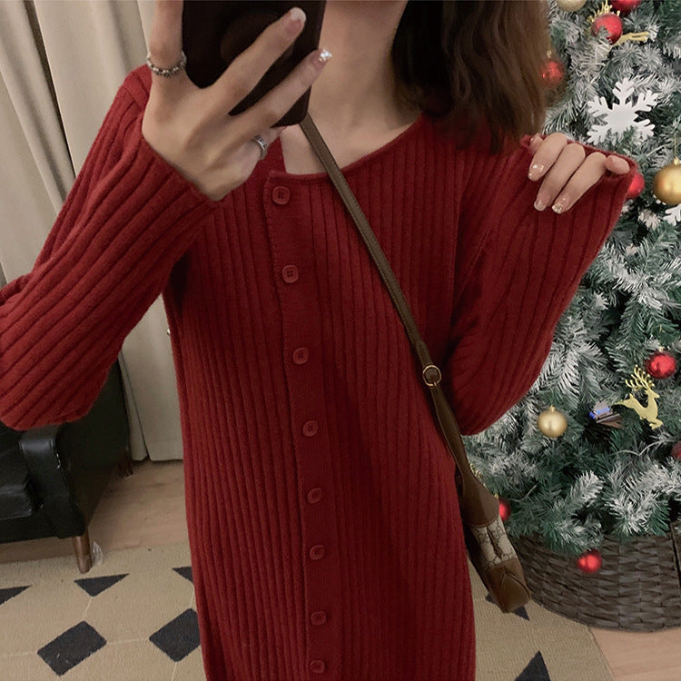 Femme Cozy Rullekrave Knap-Op Midi Kjole Stilla