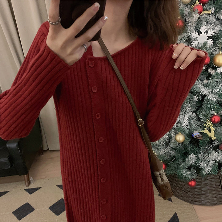 Femme Cozy Rullekrave Knap-Op Midi Kjole Stilla