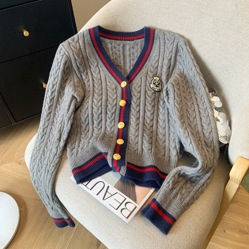 Kvinders chunky strik cardigan med dekorationsknapper og sporty stribemønster Stilla