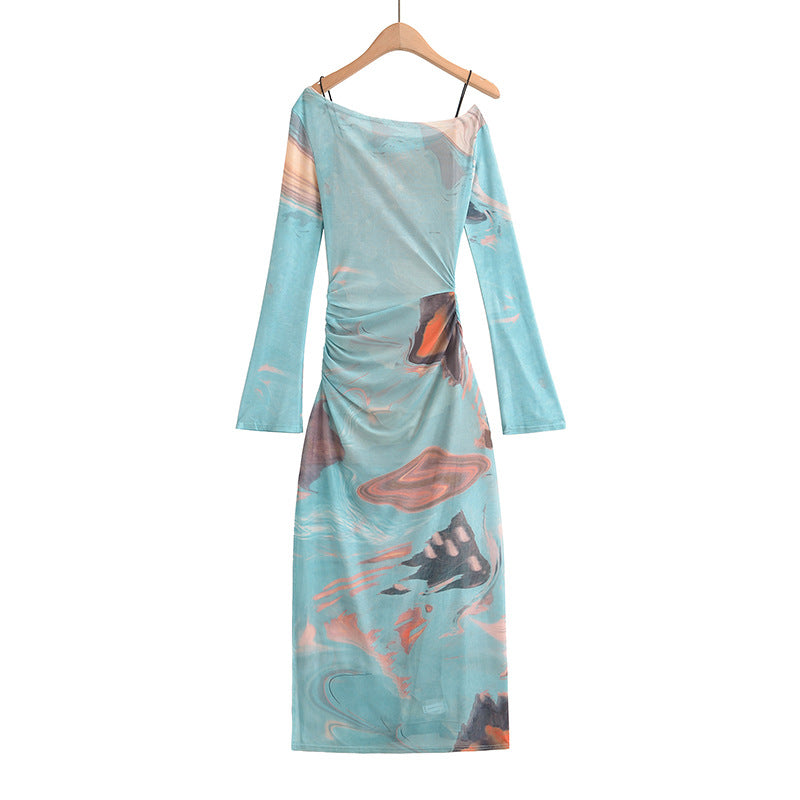 Dame Maxikjole med elegant draperingsdesign og unik marmoreringseffekt Stilla