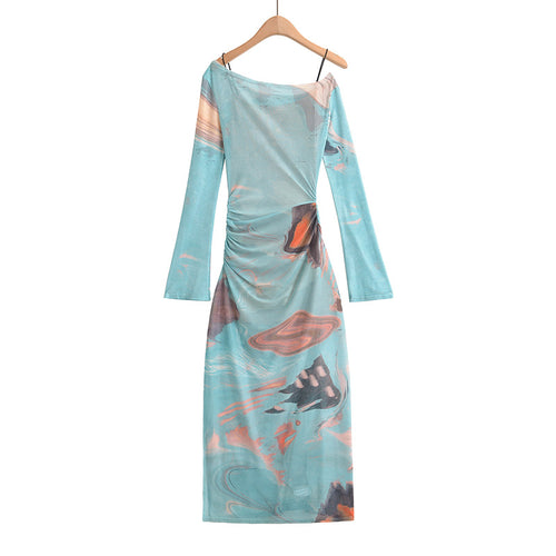 Dame Maxikjole med elegant draperingsdesign og unik marmoreringseffekt Stilla