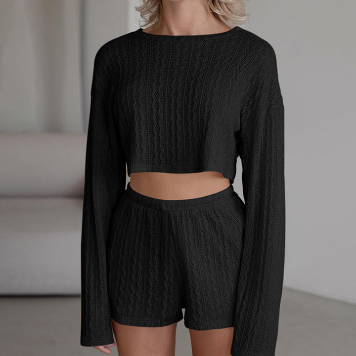Dame hyggeligt strik sæt med bredt cropped top og shorts Stilla