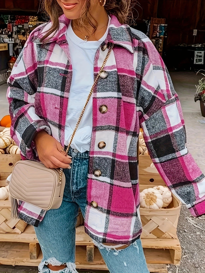 Dame Tjekket Flanneljakke med Knapdetaljer og Casual Snit Stilla