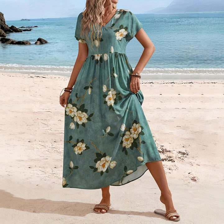 Dame maxikjole med blomstret design og elastisk taljebånd Stilla