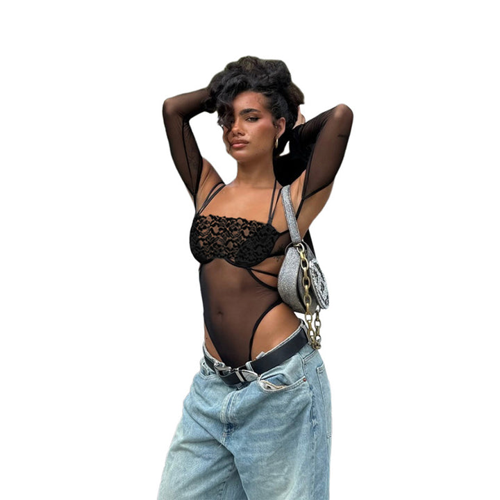 Dame one-piece bodysuit med elegant spidsdekoration og transparent udseende Skovae
