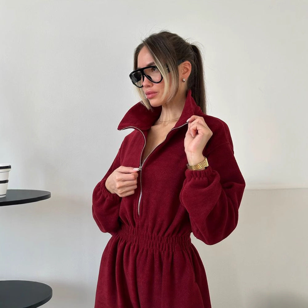 Kvinder Oversized Fleece Jumpsuit med Standkrave og Elastisk Talje Skovae