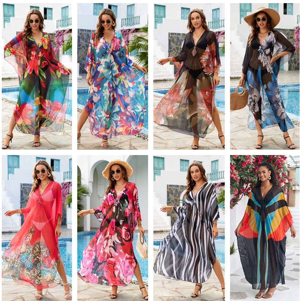 Dame elegant strandovertræk med kunstneriske sommerfuglemotiver Stilla