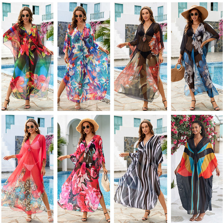 Dame elegant strandovertræk med kunstneriske sommerfuglemotiver Stilla