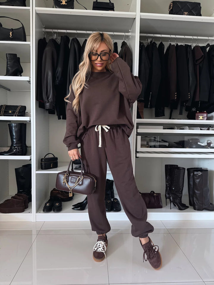 Kvinders stilfulde fleece loungewear sæt med løs pasform og elastisk talje Skovae