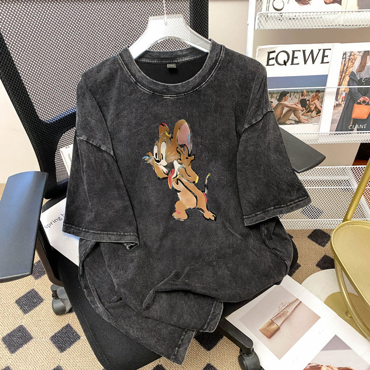 Dame T-shirt med trendy cartoon-motiv og afslappet oversized-snit Stilla