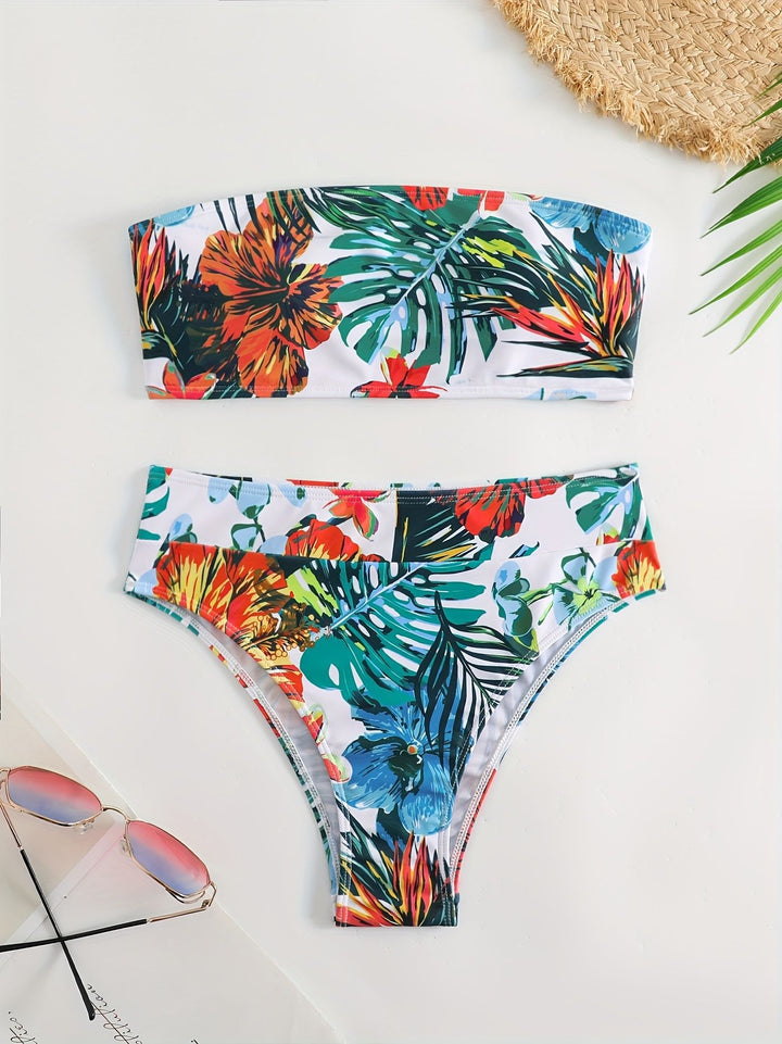 Dame Bandeau-Bikini-sæt med tropisk blomsterdesign Skovae