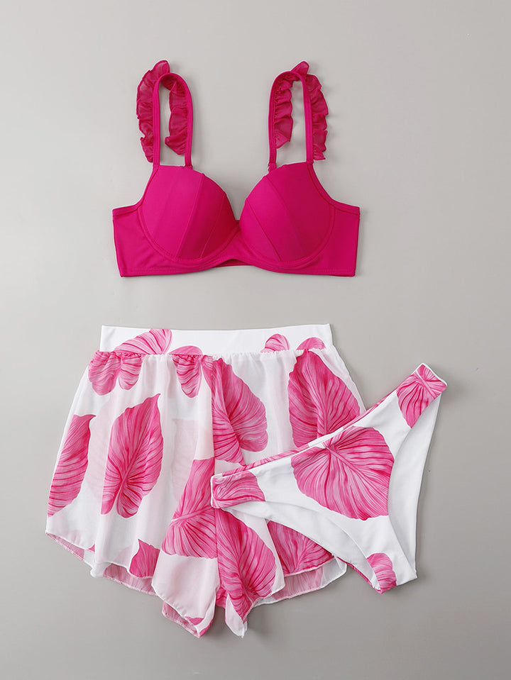 Dame Bikinisæt med puffede flæse-stropper og blomsteret nederdel Skovae
