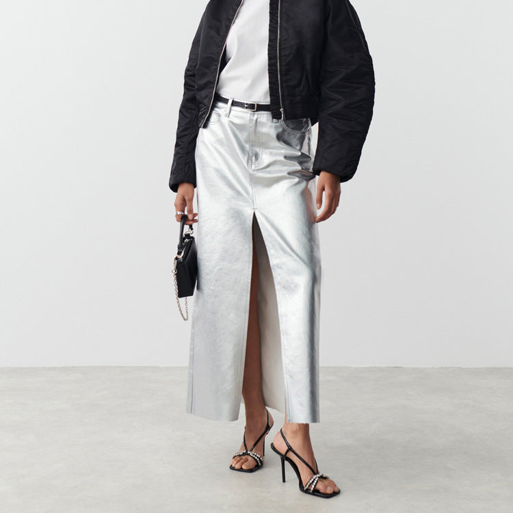 Dame Elegant Maxi-nederdel i metallisk skinnende materiale med slids Stilla