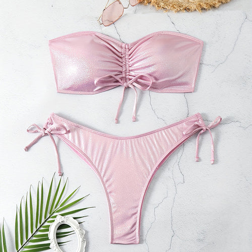 Dame Bandeau-bikini med raffineret rynkedesign og glitrende stof Stilla