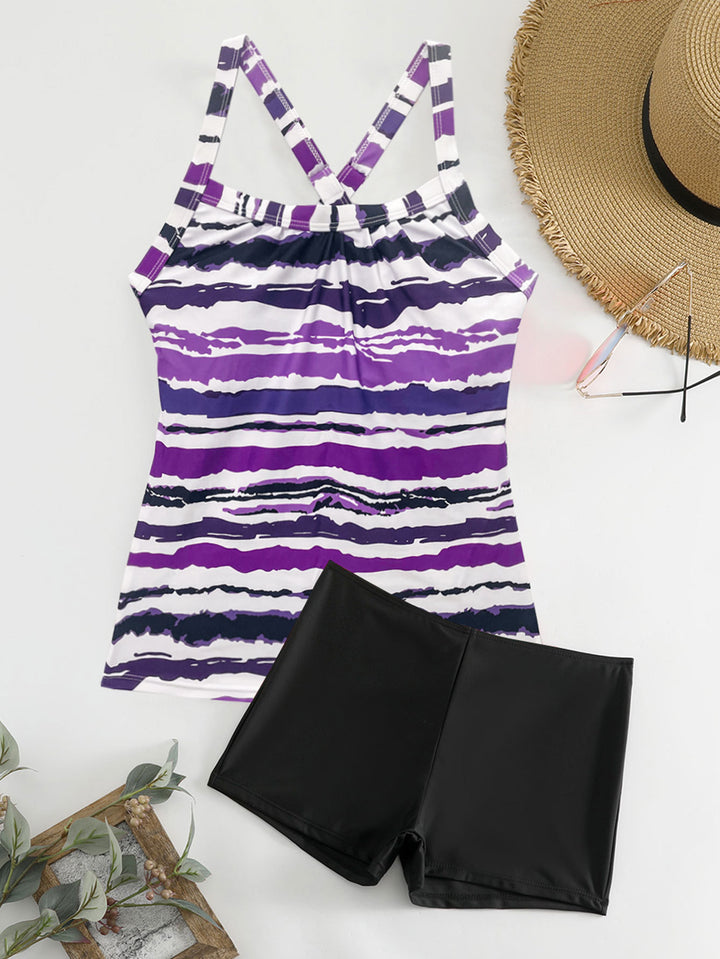 Dame Sporty Tankini-sæt med stribet top og shorts-agtig bund Stilla