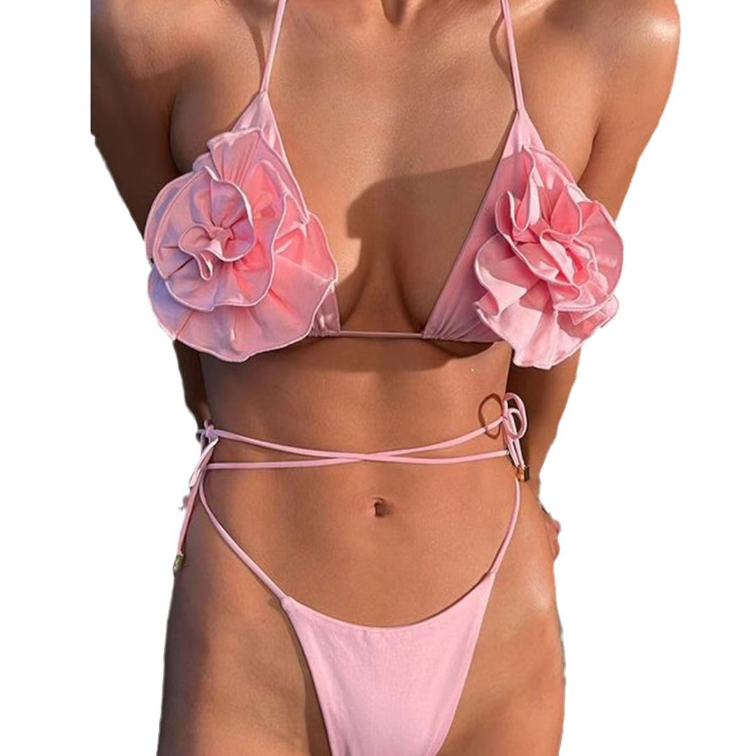 Dame Triangel-Bikini med blomsterfrillydesign og justerbare bånd Stilla