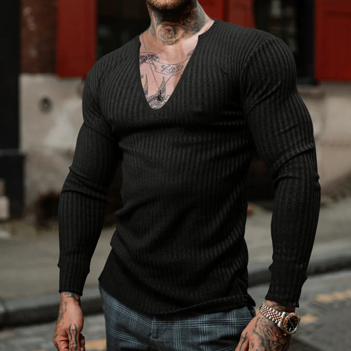 Herrer Langærmet Henley T-shirt med dyb V-hals og struktureret stof Stilla