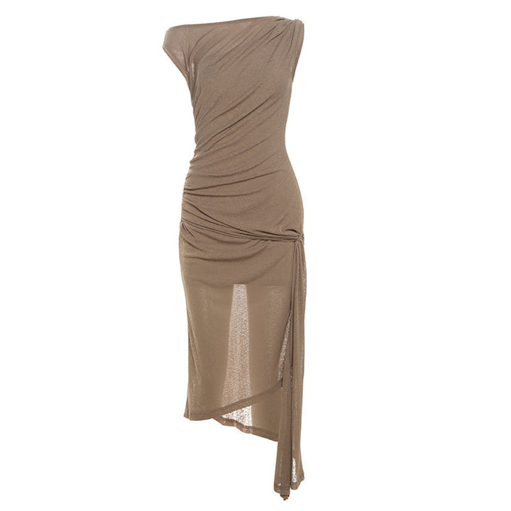Dame asymmetrisk omslagskjole med elegant drapering og smal kant Stilla