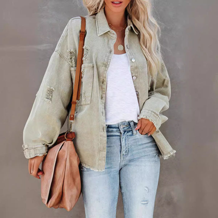 Dame Oversize Denimjakke med rynke og frynset kant Stilla