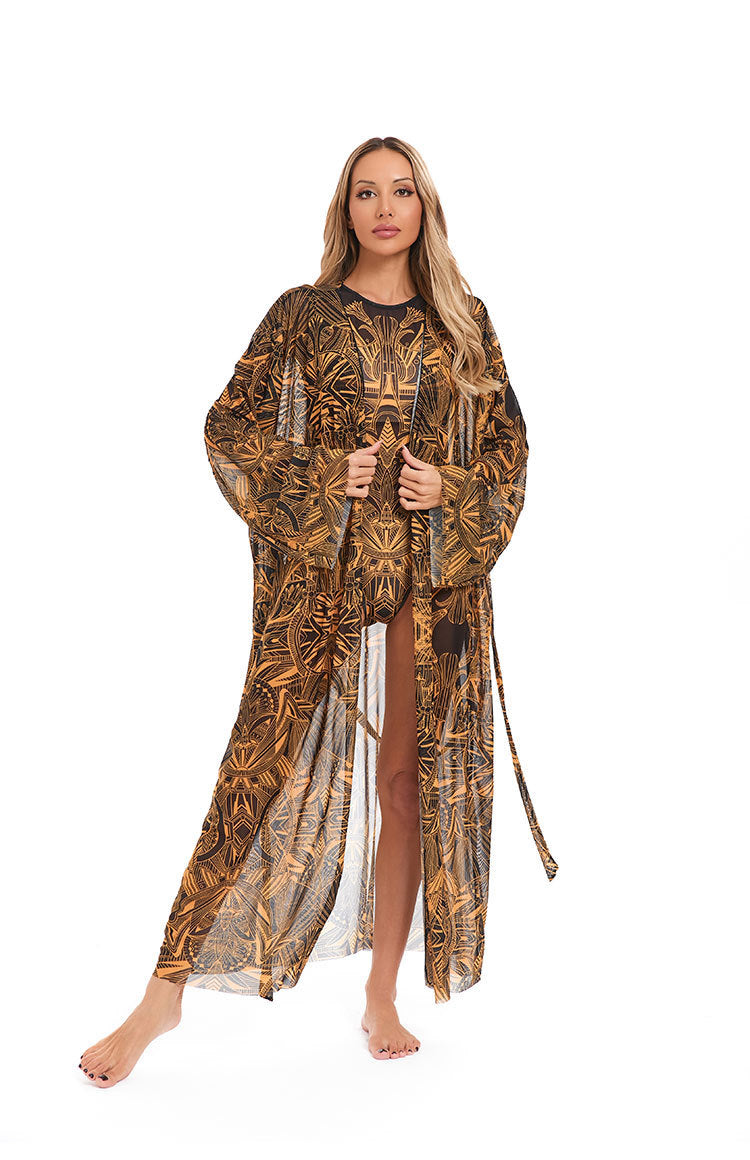 Dame elegant gennemsigtig strandkimono med blomsterdesign Skovae
