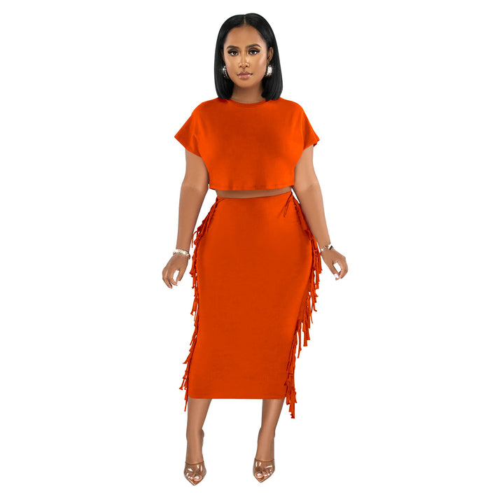 Dame elegant kombination af cropped top og tætsiddende nederdel med frynser Stilla