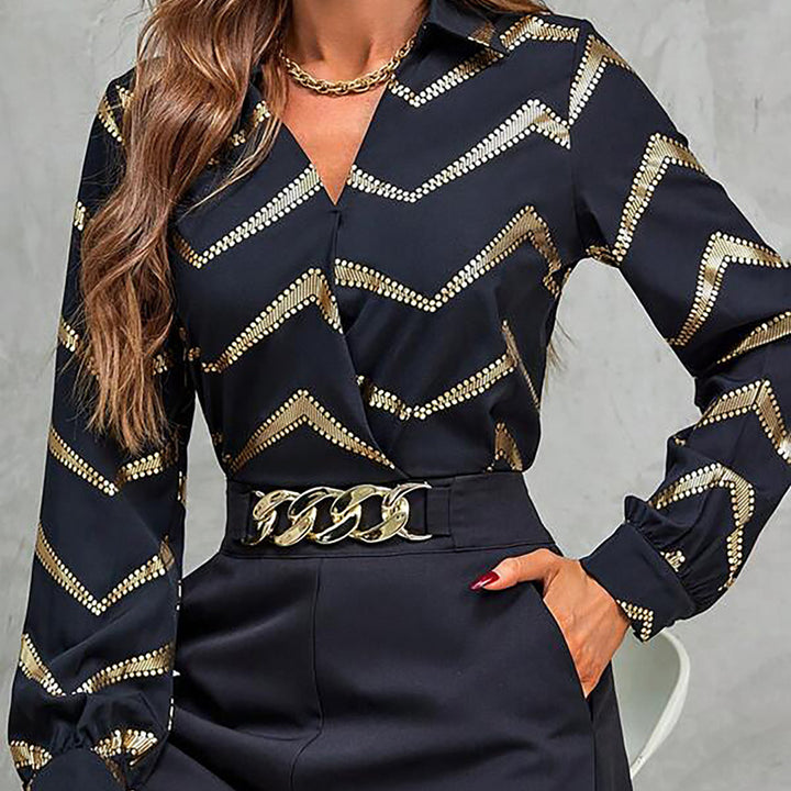 Dame elegant bluse med geometrisk glitterdesign og V-udskæring Stilla