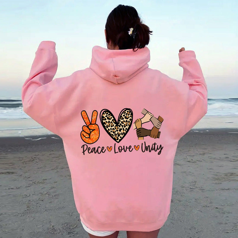 Kvinders hoodie med højkvalitets Peace-Love-Unity design Skovae