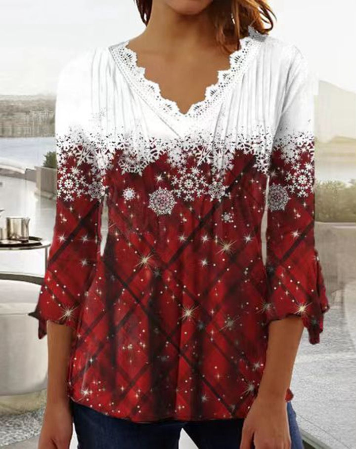 Dame nan tunika-bluse med spids v-hals, fin plissé-patch og vinterligt snefnug-print skovae
